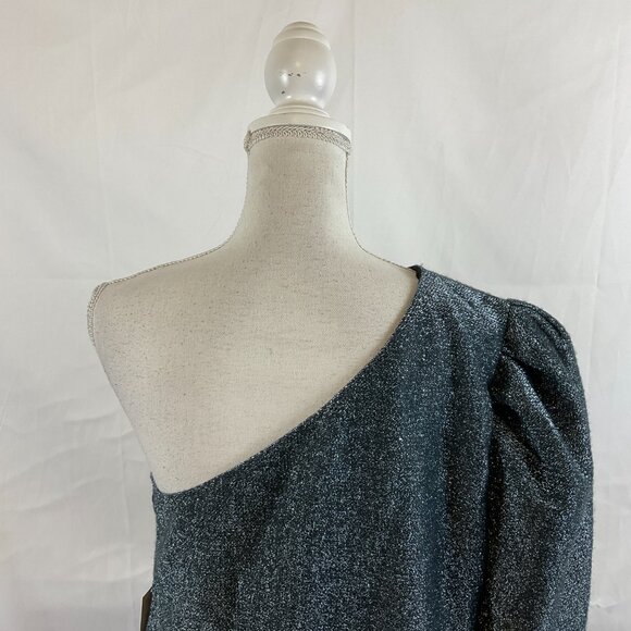 Happy Nature One Shoulder Dress XL Gray Blue Sparkle Metallic Long Sleeve Lined - Picture 9 of 12